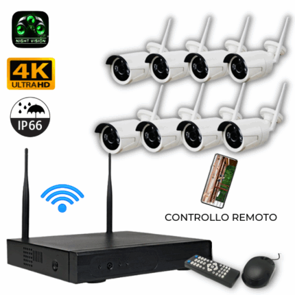 Kit Videosorveglianza 8 Canali Wireless Wi-Fi HD, Infrarossi + NVR