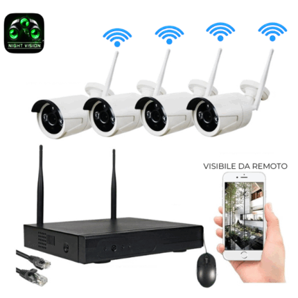 Kit Videosorveglianza 4 Canali Wireless Wi-Fi, Infrarossi HD + NVR