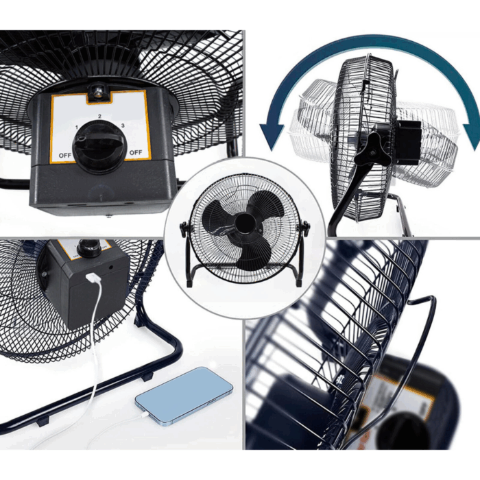 Ventilatore Portatile Solare Da Tavolo o Pavimento 12" Silenzioso Nero - immagine 3