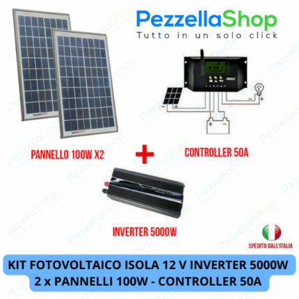 Kit Fotovoltaico Isola Inverter 5000W 2 Pannelli Solari 100W regolatore corrente 50A