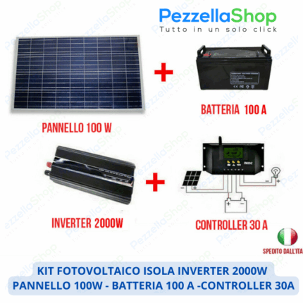Kit Fotovoltaico Isola Inverter 2000W Pannello Solare 100W Batterie 100AH regolatore corrente 30A