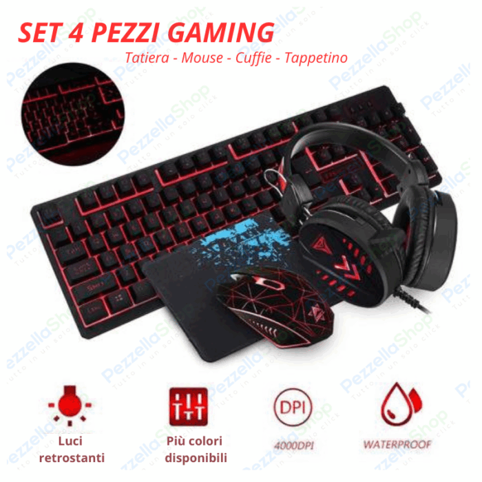 Set 4 Pezzi Gaming Tastiera Retroilluminata, Mouse, Tappetino Antiscivolo, Cuffie Speaker - immagine 2