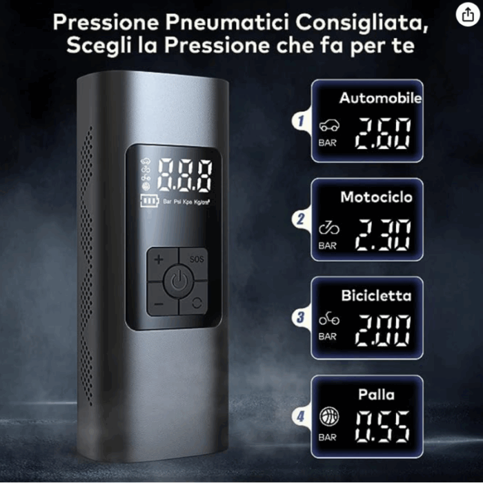 Mini Compressore Aria Portatile Batteria 6000mAH | Gonfiatore Ruote Torcia per Auto Bicicletta Bici Moto Monopattino Palloni - immagine 4