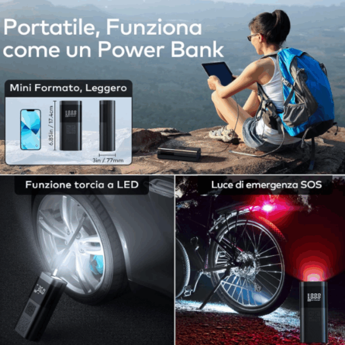 Mini Compressore Aria Portatile Batteria 6000mAH | Gonfiatore Ruote Torcia per Auto Bicicletta Bici Moto Monopattino Palloni - immagine 5