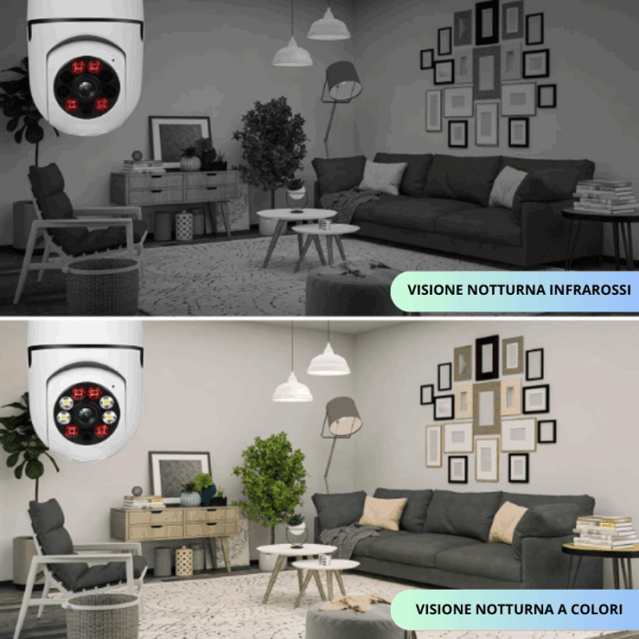 Telecamera Wif-Fi 360° Bulbo Lampadina 1080p Videocamera Visione Notturna a Colori con Applicazione per Cellulare - immagine 5