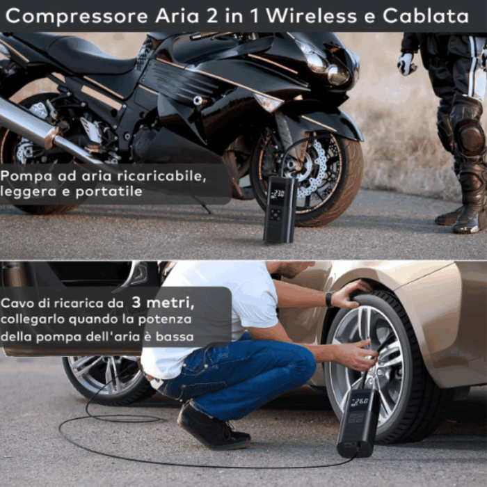 Mini Compressore Aria Portatile Batteria 6000mAH | Gonfiatore Ruote Torcia per Auto Bicicletta Bici Moto Monopattino Palloni - immagine 3