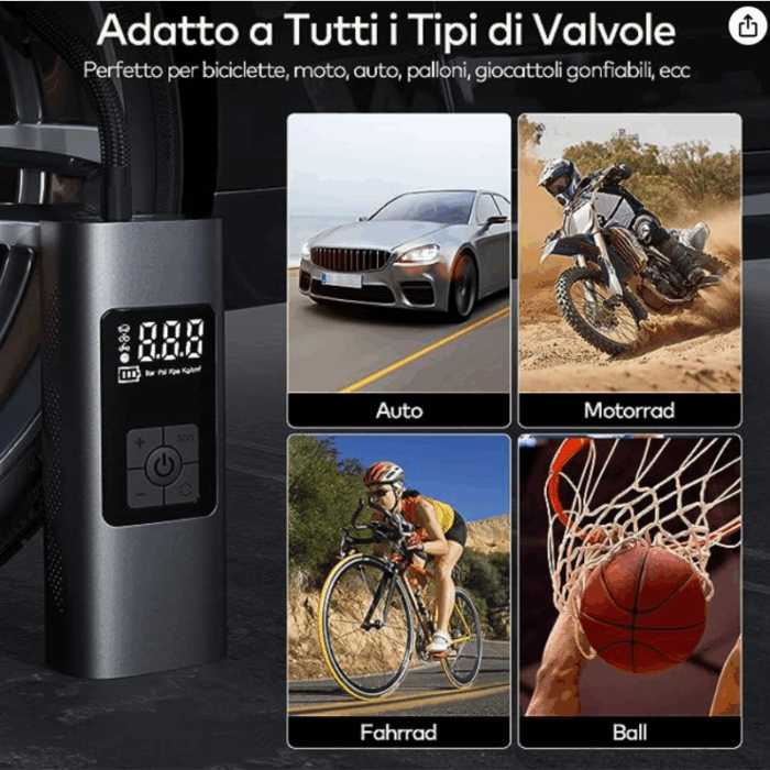 Mini Compressore Aria Portatile Batteria 6000mAH | Gonfiatore Ruote Torcia per Auto Bicicletta Bici Moto Monopattino Palloni - immagine 2