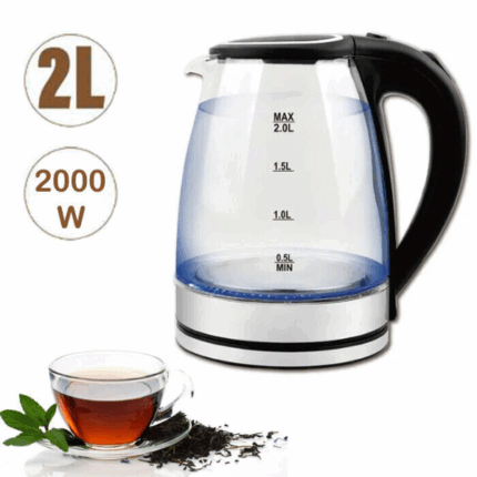 Bollitore Elettrico Acqua Calda 2 Litri max 2000w Acciaio Inox e Vetro Ruotabile 360° per Tisane, Thè, Latte