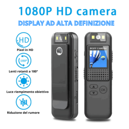 Mini Camera 1080p Full HD Audio Body Camera con Supporto, Visione Notturna, Registrazione, Fotocamera Digitale