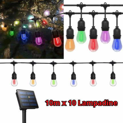 Catena Luminosa Colorata Ricarica Solare 10m 10 Lampadine con Pannello IP65 8 Modalità di Luci