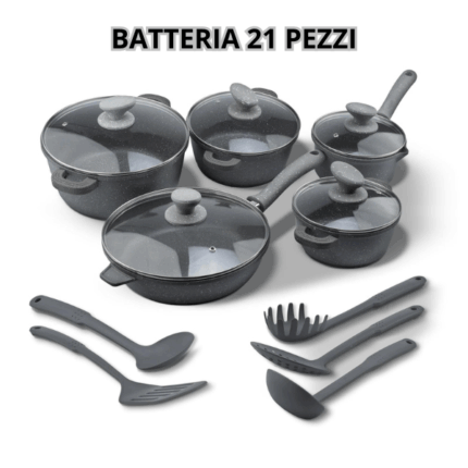 Batteria 21 Pz in Pietra Lavica Antiaderente Casseruole, Padelle, Coperchi, Mestoli Top Quality