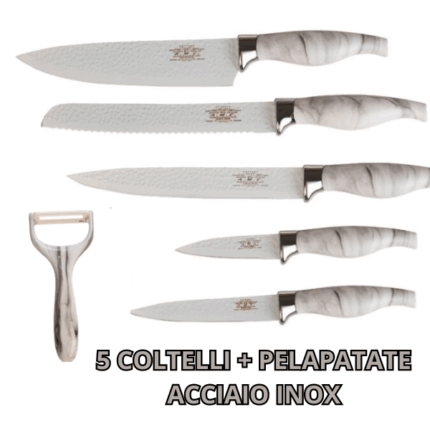 Set 6 Pezzi di Coltelli + Pelapatate Acciaio Inossidabile Manico Ergonomico Finitura in Pietra Nera