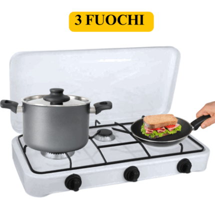 Fornello a Gas 3 Fuochi con Coperchio Portatile per Campeggio, Veranda, Balcone, Camper