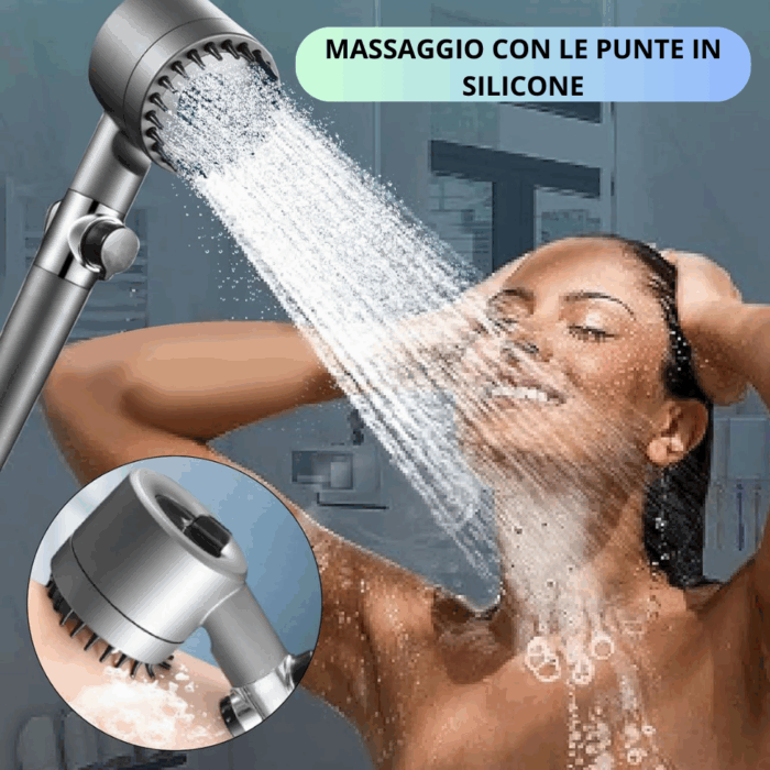 Soffione Doccia Getto Pressurizzato 3 Modalità Regolabili, Massaggiante Pelle e Cuoio Capelluto - immagine 4