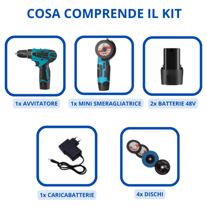 Kit Trapano Avvitatore + Smerigliatrice Flex con 2 Batterie 48V 2AH 4 Dischi 76mm - immagine 10
