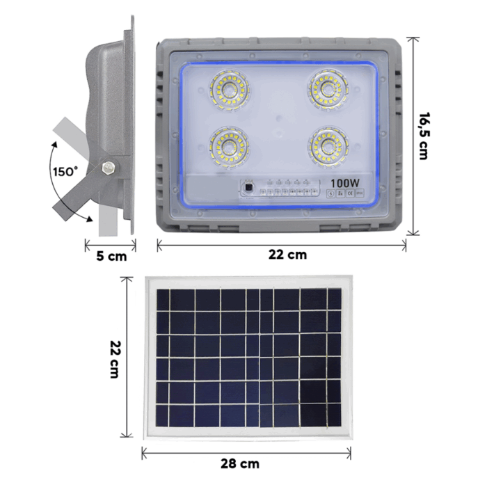 Faro Solare 100W Slim Sensore Crepuscolare IP66 per Esterni con Telecomando - immagine 3