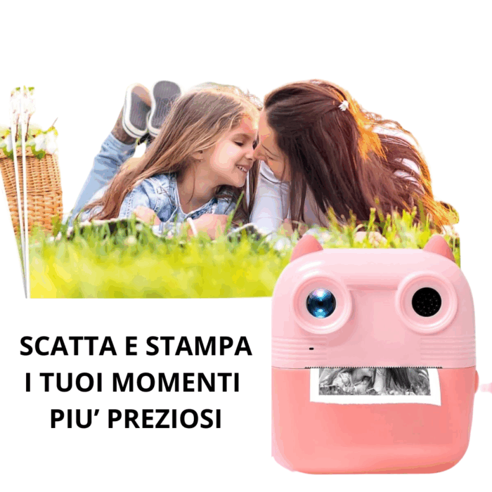 Stampante Istantanea per Bambini Doppia Lente Digitale Bianco e Nero 1080p, Foto, Video, Giochi - immagine 3