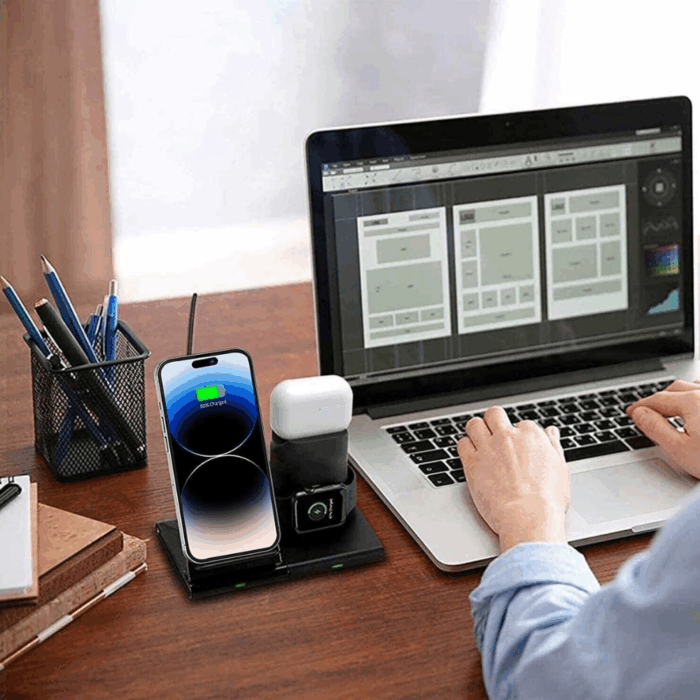 Caricabatterie Veloce 3 in 1 Wireless | Carica Smartphone, Auricolari e Smartwatch Senza Fili e in Mobilità - immagine 2