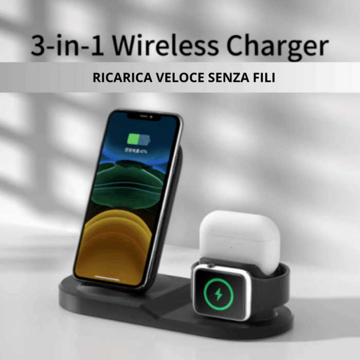 Caricabatterie Veloce 3 in 1 Wireless | Carica Smartphone, Auricolari e Smartwatch Senza Fili e in Mobilità - immagine 3