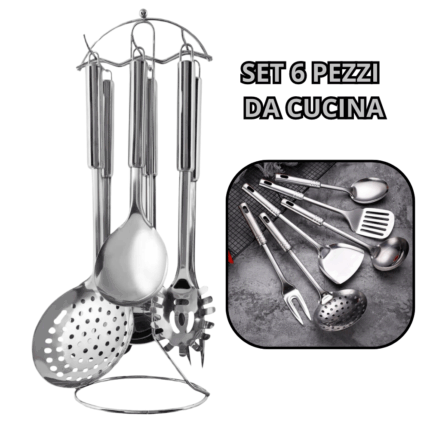 Set 6 Pezzi da Cucina Stand in Acciaio Inox Mensili Utensili per la Casa