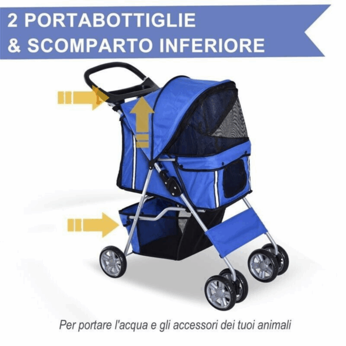 Passeggino Pieghevole per Animali con Portaoggetti e Portabottiglie 4 Ruote Cerniere Tessuto Impermeabile - immagine 10