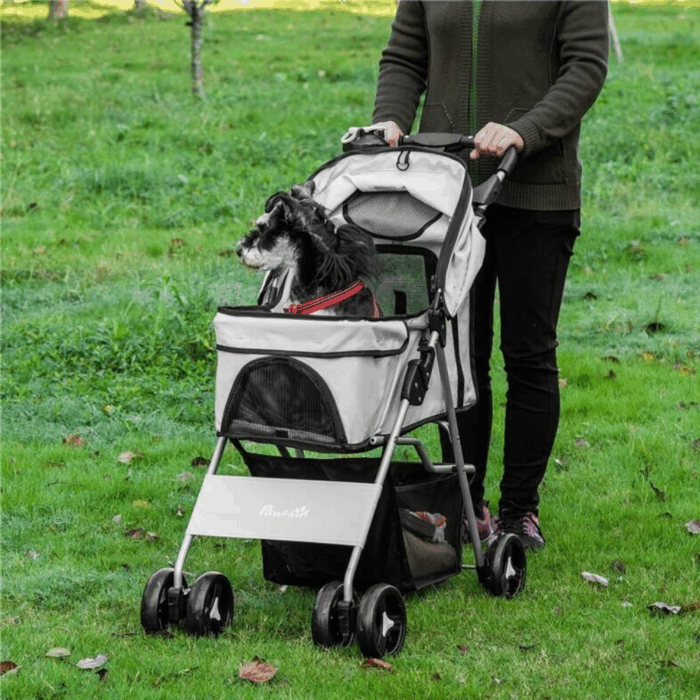 Passeggino Pieghevole per Animali con Portaoggetti e Portabottiglie 4 Ruote Cerniere Tessuto Impermeabile - immagine 9