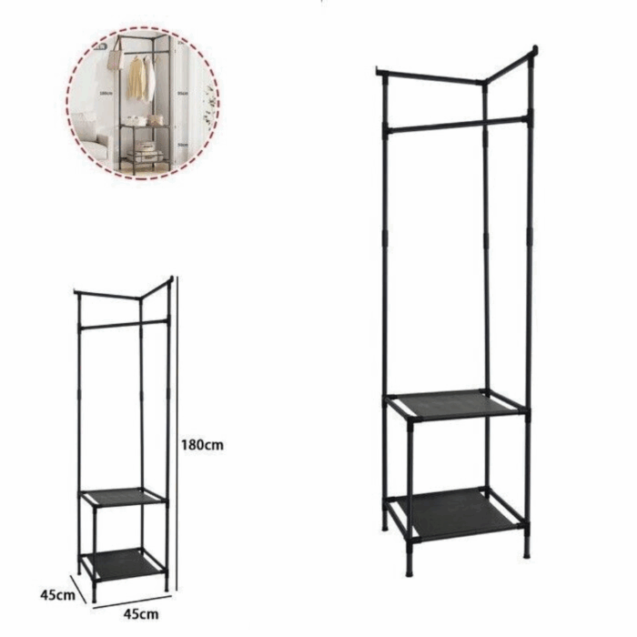 Scaffale Mobile Angolare con 2 Ripiani e Appendiabiti, in Ferro per Abiti, Borse, Cappelli, Sciarpe - immagine 3