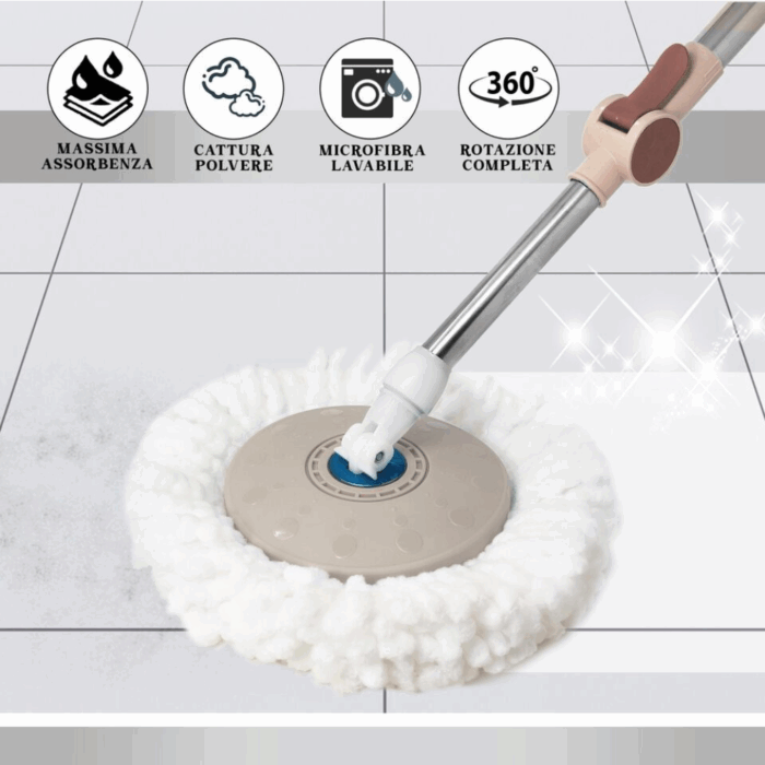 Mocio Mop con Cestello Rotante e Strizzante – Secchio Lavapavimenti Automatico con Panno Microfibra - immagine 4