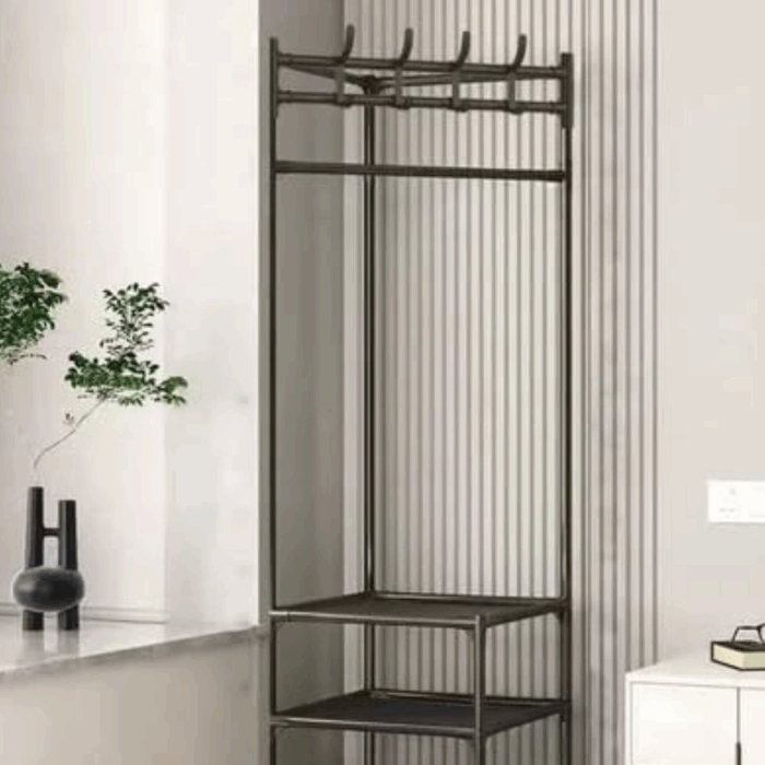 Scaffale Mobile Angolare con 2 Ripiani e Appendiabiti, in Ferro per Abiti, Borse, Cappelli, Sciarpe - immagine 4