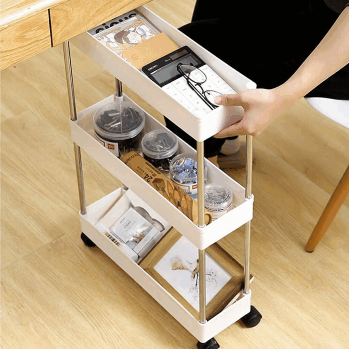 Carrello Portaoggetti 3 Ripiani con Ruote Salvaspazio, Mensole Stretto per Bagno, Cucina, Ufficio - immagine 2