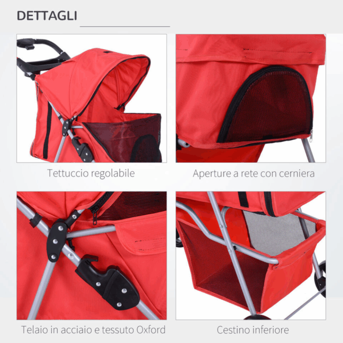Passeggino Pieghevole per Animali con Portaoggetti e Portabottiglie 4 Ruote Cerniere Tessuto Impermeabile - immagine 3