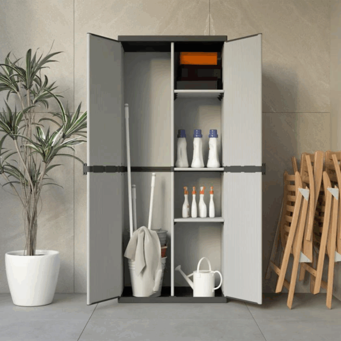 Armadio 2 Ante Portascope con Ripiani, Mobiletto per Esterni e Interni in Resina PVC, Portaoggetti - immagine 2