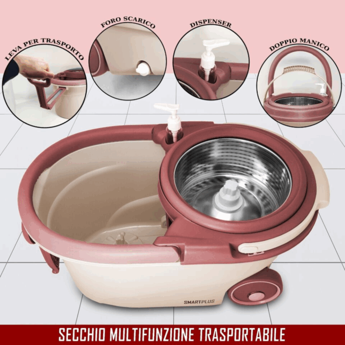 Mocio Mop con Cestello Rotante e Strizzante – Secchio Lavapavimenti Automatico con Panno Microfibra - immagine 5