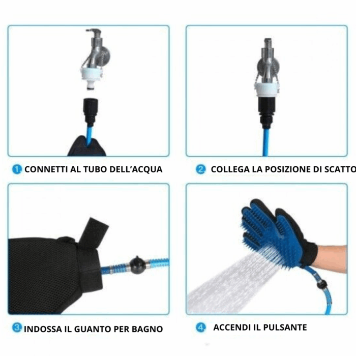 Guanto Massaggiante con Filo Doccia 2 in 1, Tubo Integrato, Aggancio Universale per Animali Domestici - immagine 7