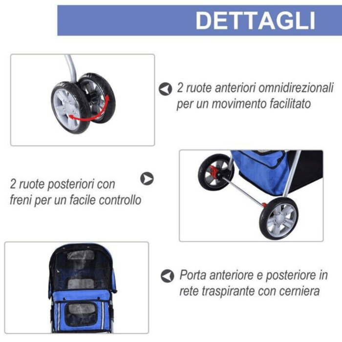 Passeggino Pieghevole per Animali con Portaoggetti e Portabottiglie 4 Ruote Cerniere Tessuto Impermeabile - immagine 6
