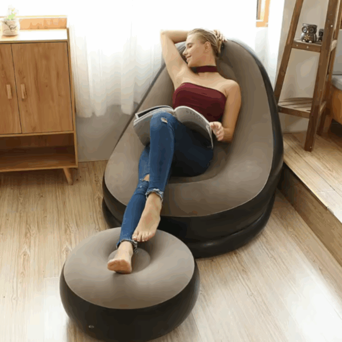 Poltrona con Pouf Poggiapiedi Gonfiabile con Pompa, Divanetto Longue per Relax, Studio, Salone - immagine 2