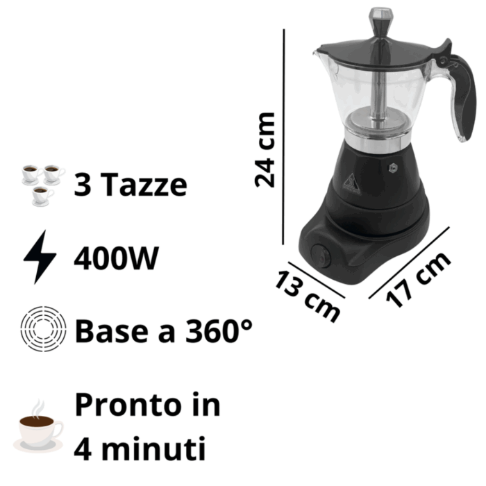 Caffettiera Elettrica 400W 3 Tazze per Caffè Macinato, Moka - immagine 4