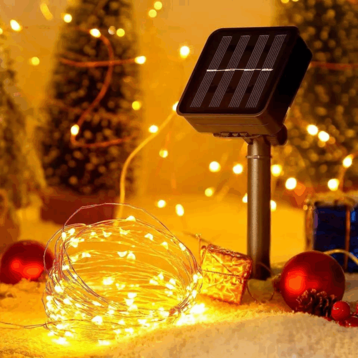 Catena Luminosa 100 LED 10m con Pannello Solare, Stringa in Filo di Rame Luce Calda Gialla per Esterno IP65 - immagine 2