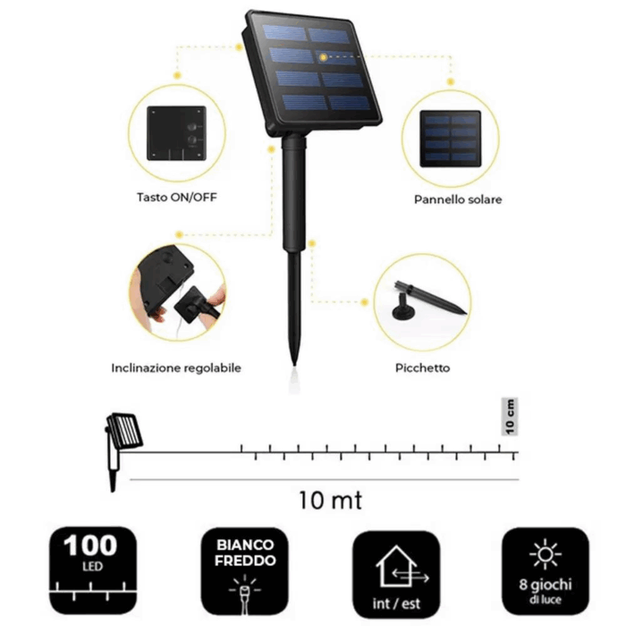 Catena Luminosa 100 LED 10m con Pannello Solare, Stringa in Filo di Rame Luce Bianca Fredda per Esterno IP65 - immagine 5