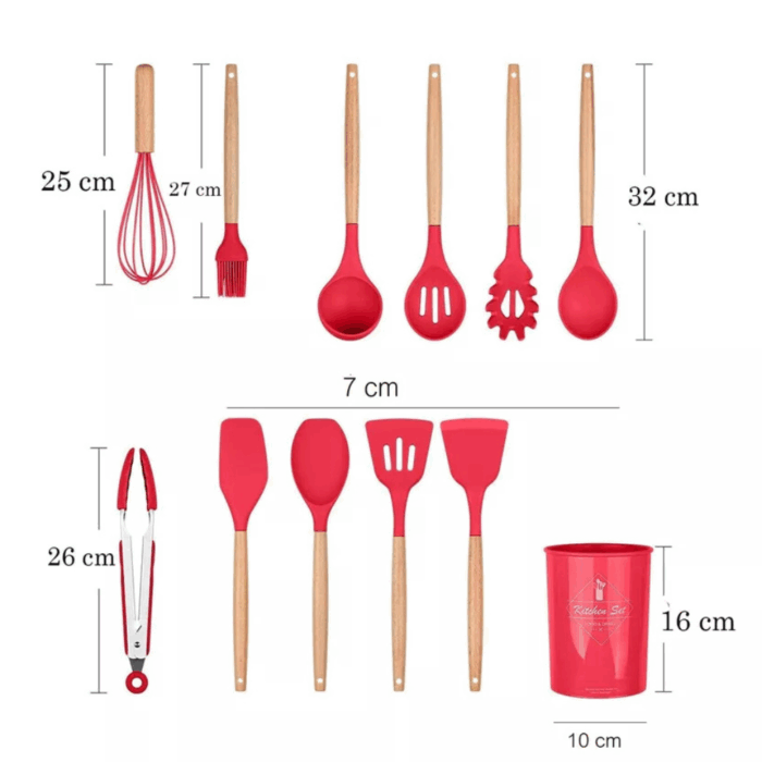 Set 11 Utensili da Cucina + Cestello in Silicone Premium, Manici in Legno, Resistenti al Calore, Antiaderenti - immagine 10