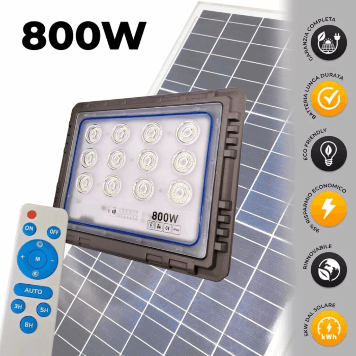 Faro Solare LED 800W Slim – Pannello Fotovoltaico, Sensore Crepuscolare IP66, in Alluminio Pressofuso - immagine 4