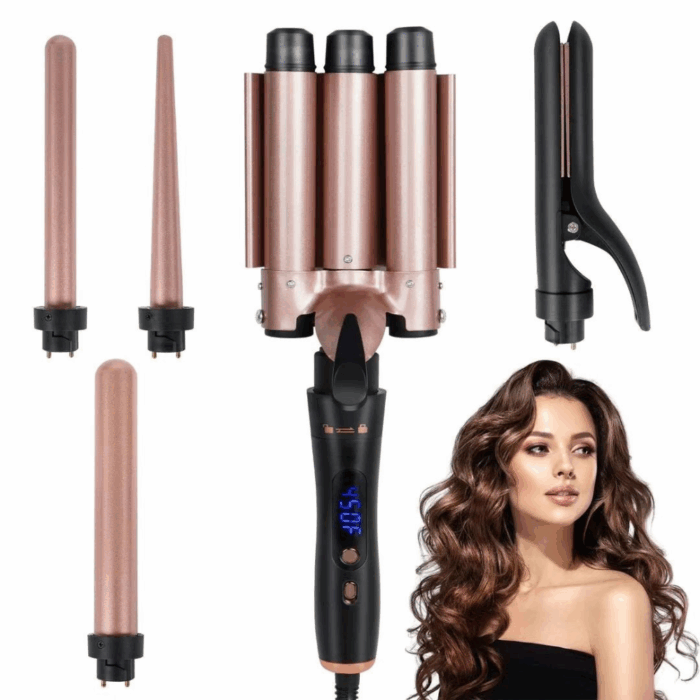 Set Piastre per Capelli 5 Accessori: 3 Coni Arricciacapelli + Piastra Lisciante + Piastra per Onde in Ceramica Antirottura - immagine 3