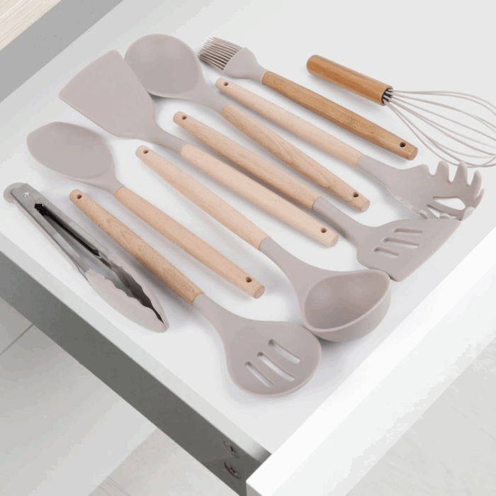Set 11 Utensili da Cucina + Cestello in Silicone Premium, Manici in Legno, Resistenti al Calore, Antiaderenti - immagine 3