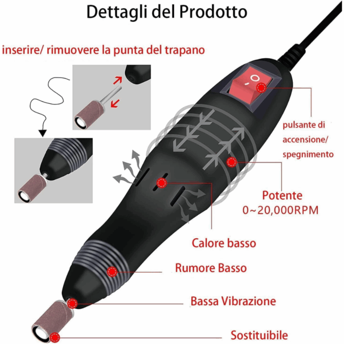 Fresa Unghie Professionale per Manicure, Pedicure, Ricostruzione, Gel, Lima Elettrica Kit Completo - immagine 2