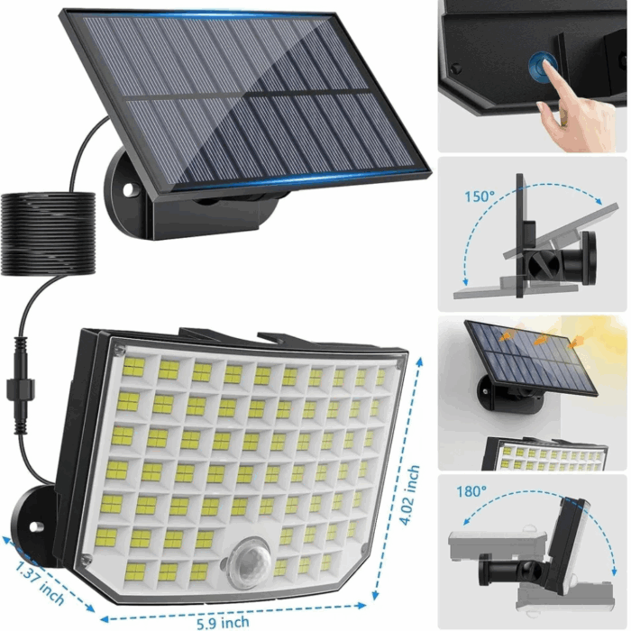 Kit 4 Fari Solari 250w con Pannello, Sensore Crepuscolare e di Movimento IP65 Impermeabile per Esterni - immagine 6