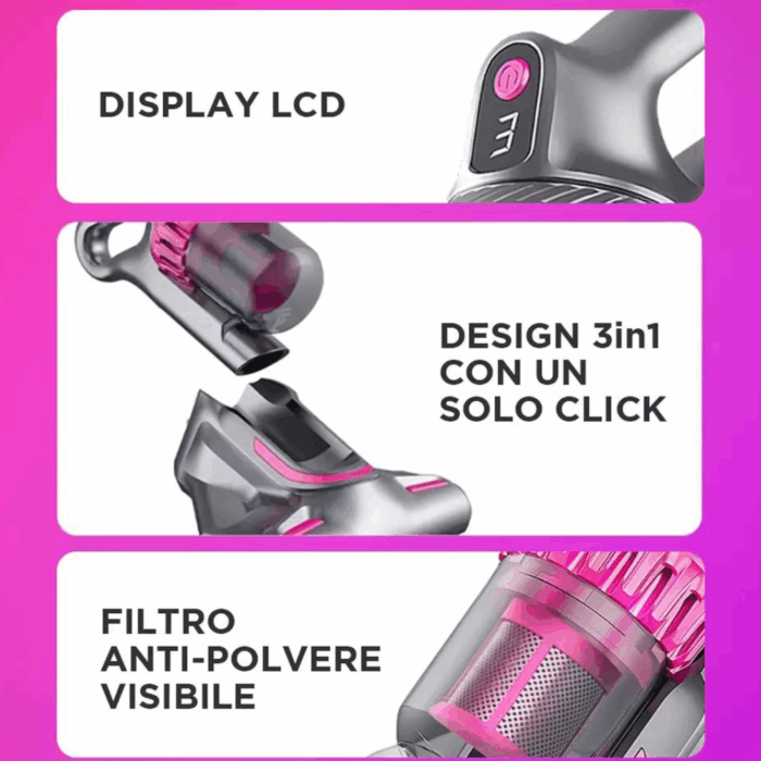 Aspirapolvere Senza Fili 4 in 1 – Ricaricabile, Display LCD, Filtro HEPA per Polvere e Peli - immagine 2