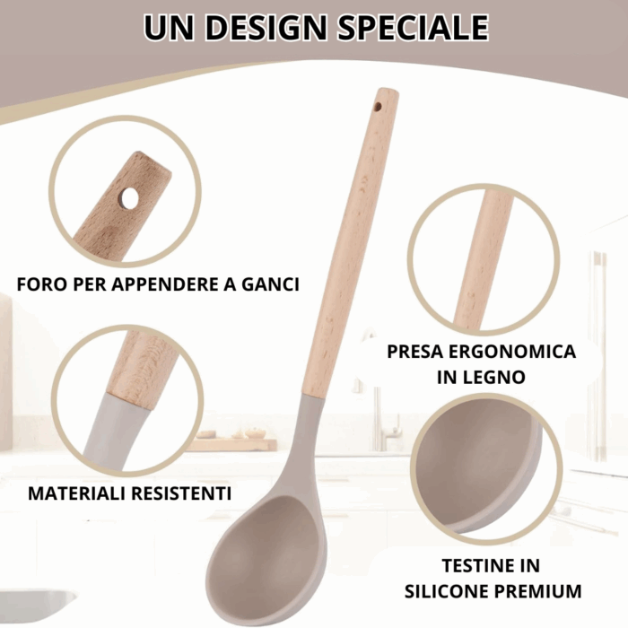 Set 11 Utensili da Cucina + Cestello in Silicone Premium, Manici in Legno, Resistenti al Calore, Antiaderenti - immagine 4