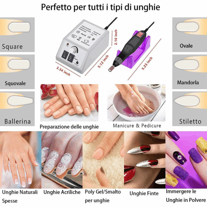Fresa Unghie Professionale per Manicure, Pedicure, Ricostruzione, Gel, Lima Elettrica Kit Completo - immagine 3