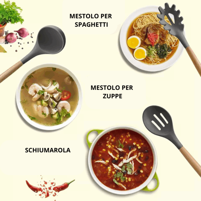 Set 11 Utensili da Cucina + Cestello in Silicone Premium, Manici in Legno, Resistenti al Calore, Antiaderenti - immagine 5