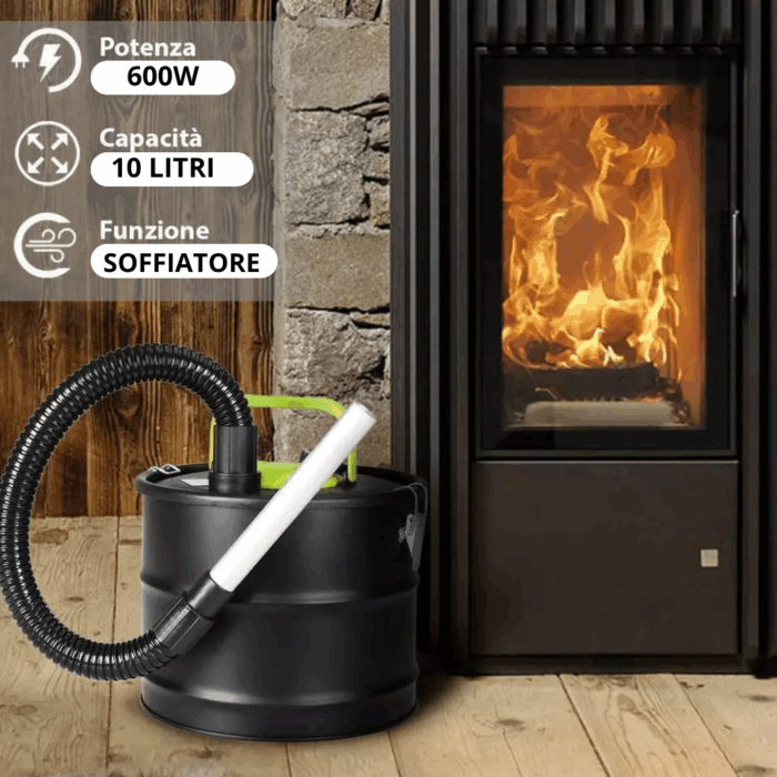 Bidone Aspiracenere 2 in 1 Aspiratore + Soffiatore 600W 10 Litri, Filtro HEPA Lavabile per Pulizia Camini, Stufe a Pellet, BBQ - immagine 2